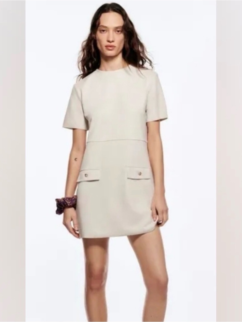 Zara Cream Shift Dress with Front Flap Pockets